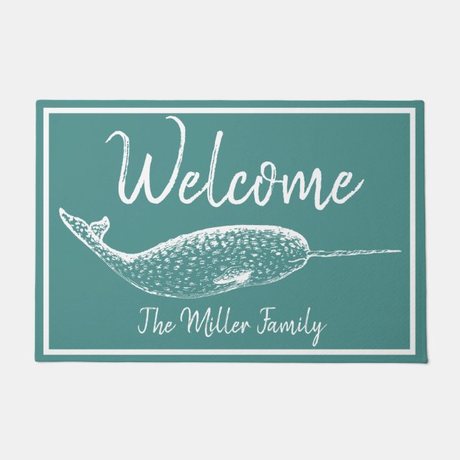 Nautical White Narwhal - Personalized Doormat (Front)