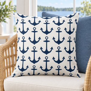 Nautical White Navy Anchor Repeat Pattern Throw Pillow