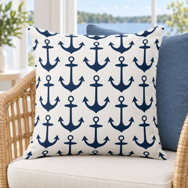 Nautical White Navy Anchor Repeat Pattern Throw Pillow (Creator Uploaded)