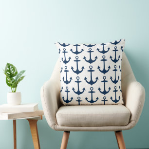 Nautical White Navy Anchor Repeat Pattern Throw Pillow