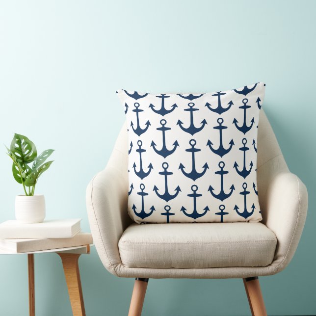 Nautical White Navy Anchor Repeat Pattern Throw Pillow (Chair)