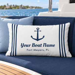 Nautical White Navy Anchor Stripe Boat Name Lumbar Pillow