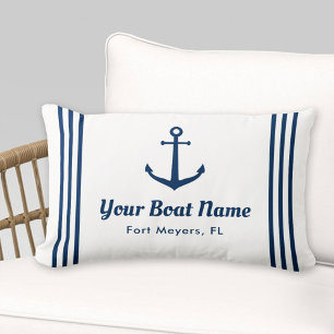 Nautical White Navy Anchor Stripe Boat Name Lumbar Pillow