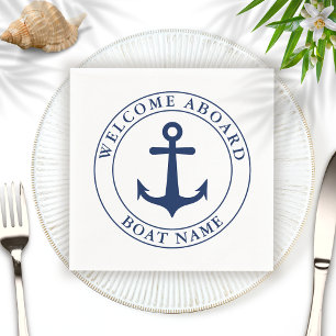 Nautical White Navy Blue Anchor Boat Name Napkin
