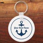 Nautical White Navy Personalized Boat Name Anchor Keychain<br><div class="desc">Round nautical keychain design features a simple,  stylish white and navy blue coastal style design with boat anchor accent. Personalize the custom script text with the name of your boat.</div>