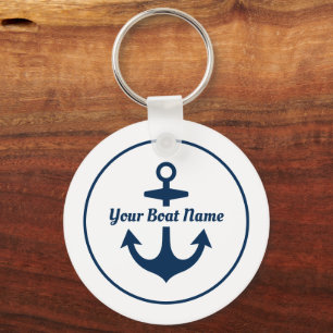 Nautical White Navy Personalized Boat Name Anchor Keychain