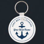 Nautical White Navy Personalized Boat Name Anchor Keychain<br><div class="desc">Round nautical keychain design features a simple,  stylish white and navy blue coastal style design with boat anchor accent. Personalize the custom text with the name of your boat and her location city and state.</div>