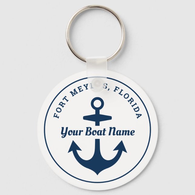 Nautical White Navy Personalized Boat Name Anchor Keychain (Front)