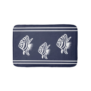 Nautical White on Navy  Angelfish Fish Coastal Bath Mat