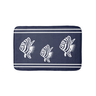 Nautical White on Navy  Angelfish Fish Coastal Bath Mat