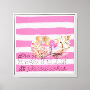 Nautical White Pink Stripes Gold Shells Canvas Print