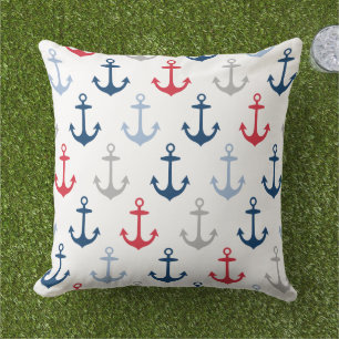 Nautical White Red Navy Anchor Pattern Outdoor Pillow