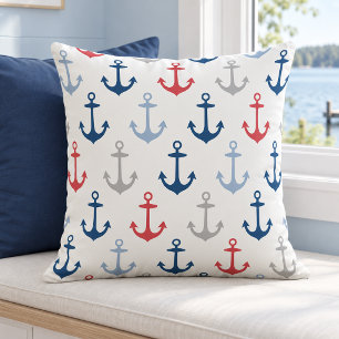 Nautical White Red Navy Anchor Pattern Outdoor Pillow