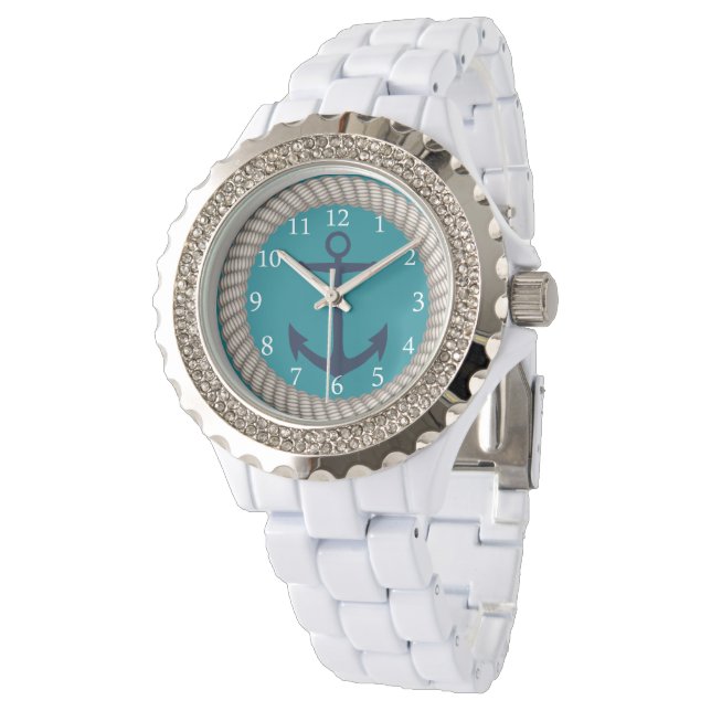 Nautical White Rope and Navy Anchor Custom Watch (Angled)
