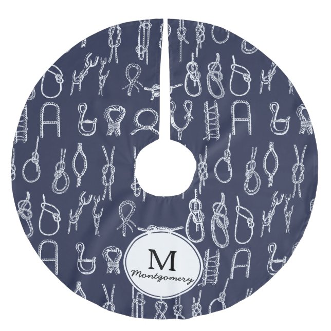 Nautical White Rope Knots & Navy Blue Family Name Brushed Polyester Tree Skirt (Front)
