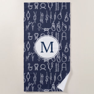 Nautical White Rope Knots & Navy Blue with Initial Beach Towel