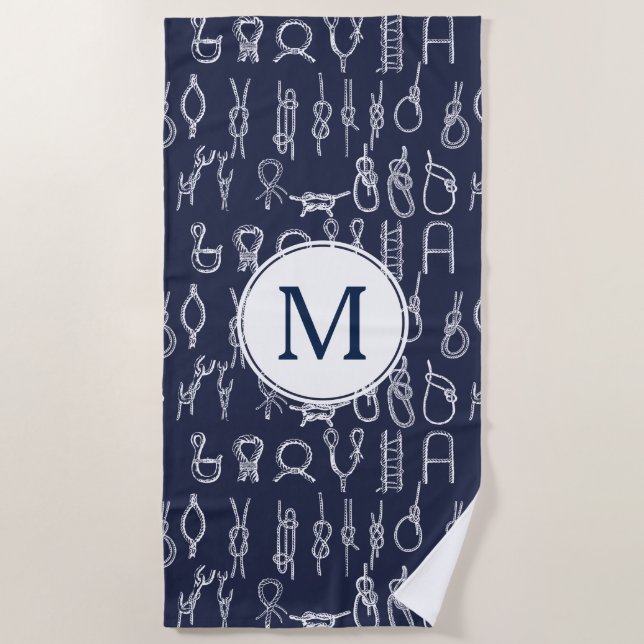Nautical White Rope Knots & Navy Blue with Initial Beach Towel (Front)