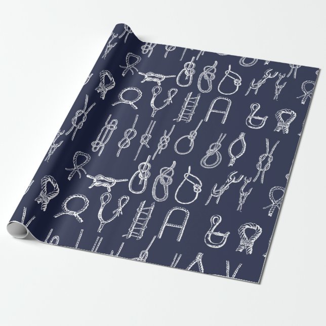 Nautical White Rope Knots & Navy Blue Wrapping Paper (Unrolled)