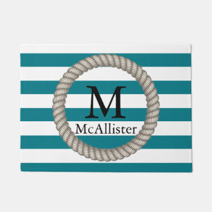 Nautical White Rope White Stripes Personalized Doormat