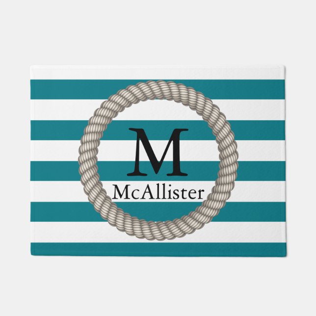 Nautical White Rope White Stripes Personalized Doormat (Front)