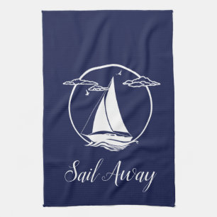 Nautical white sail boat/sail away/ silhouette kitchen towel