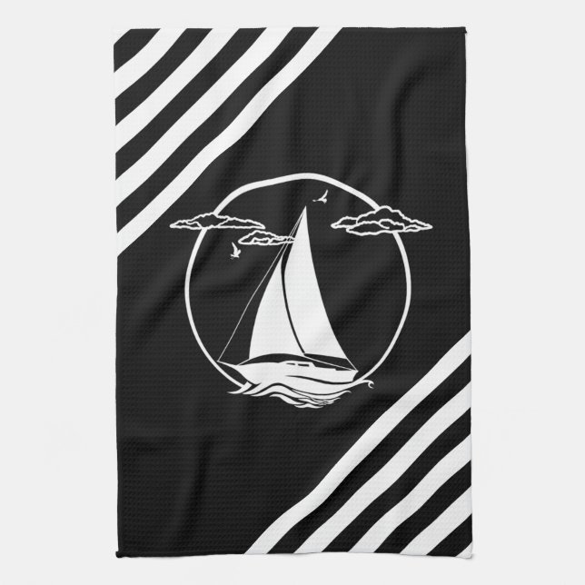 Nautical white sail boat/seagull/sunset silhouette kitchen towel (Vertical)