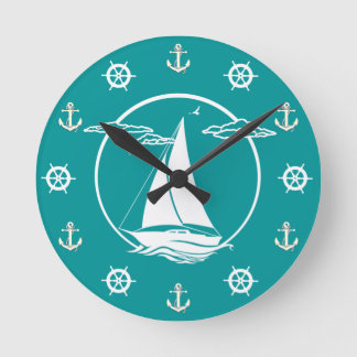 Nautical white sailboat/anchor/wheel silhouette round clock
