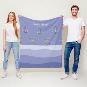Nautical white sailboat/anchors away/blue wave fleece blanket