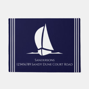 Nautical White sailboat Navy blue Coastal Monogram Doormat