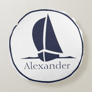 Nautical White sailboat Navy blue Coastal Monogram Round Pillow