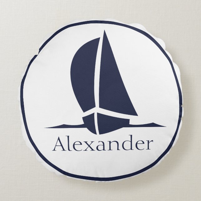 Nautical White sailboat Navy blue Coastal Monogram Round Pillow (Front)