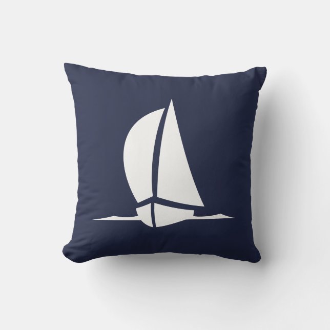 Nautical White sailboat Navy blue Coastal Throw Pillow (Front)