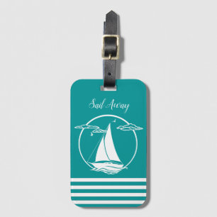 Nautical white sailboat silhouette/sail away/aqua luggage tag
