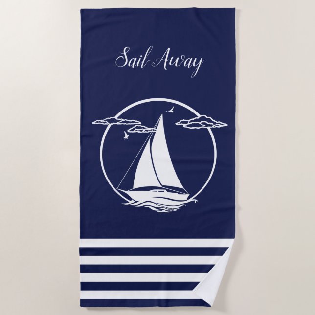 Nautical white sailboat silhouette/sail away beach towel (Front)