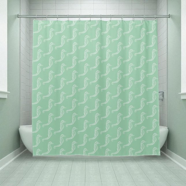Nautical White Seahorse Skeleton Pattern Green (shower curtain display in full)