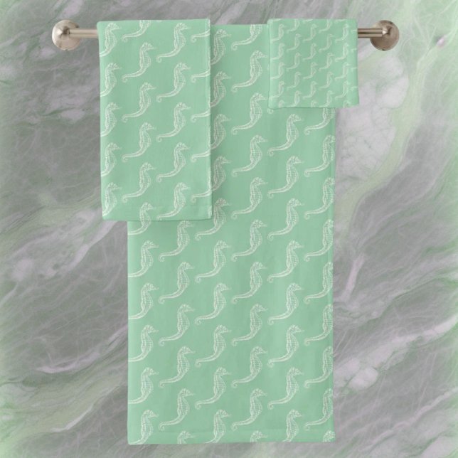 Nautical White Seahorse Skeleton Pattern Green Bath Towel Set (bathroom towel set on wall)