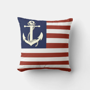 Nautical white ship anchor/American flag stripe Th Throw Pillow