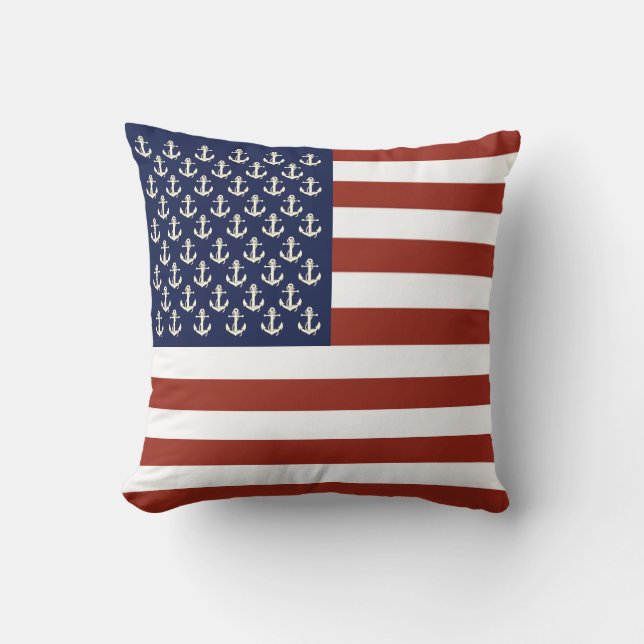 Nautical white ship anchor/American flag stripe Th Throw Pillow (Front)