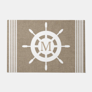 Nautical White Ship Wheel & Faux Burlap Doormat