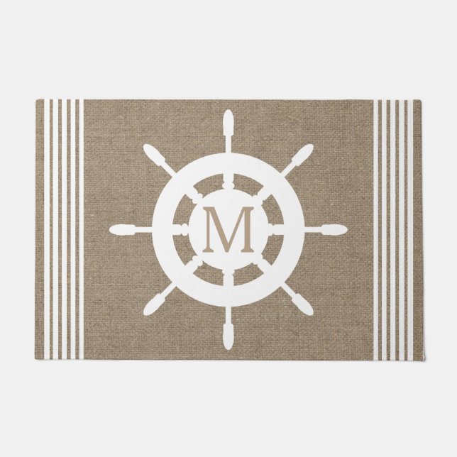 Nautical White Ship Wheel & Faux Burlap Doormat (Front)