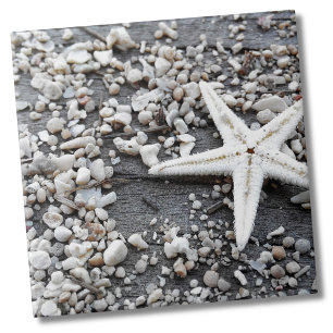 Nautical White Starfish Gray Beach Sand Tile