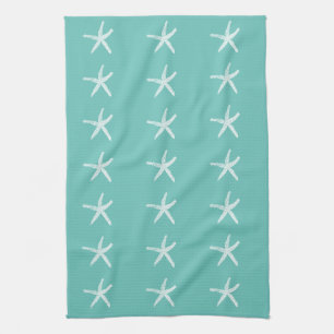 Nautical White Starfish Patterns Teal Blue Beach Kitchen Towel
