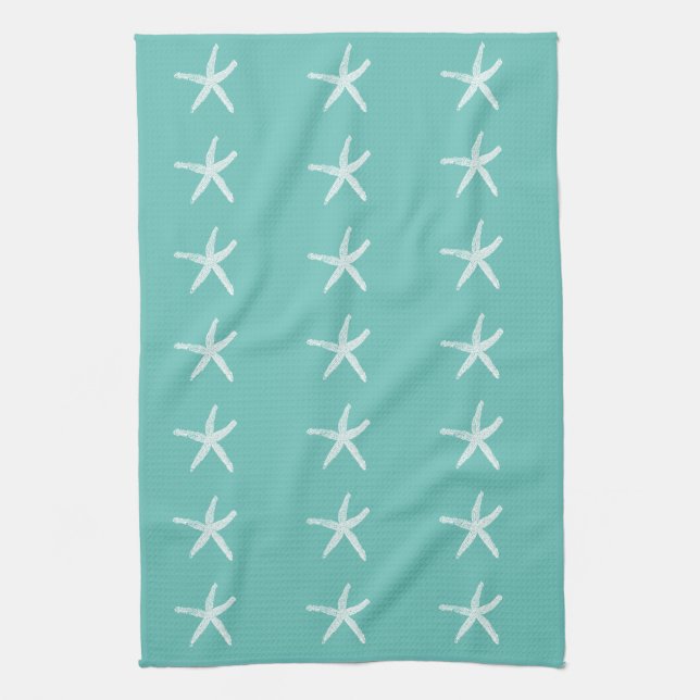 Nautical White Starfish Patterns Teal Blue Beach Kitchen Towel (Vertical)