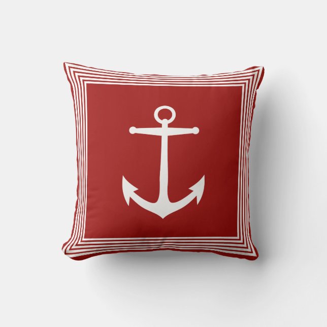 Nautical White Stripes Anchor & Coastal Red Throw Pillow (Front)