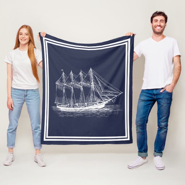 Nautical White Vintage Schooner Ship Fleece Blanket (In Situ)