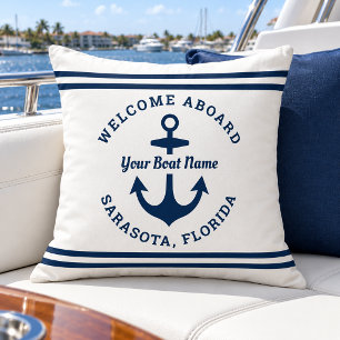 Nautical White Welcome Aboard Boat Name Throw Pillow
