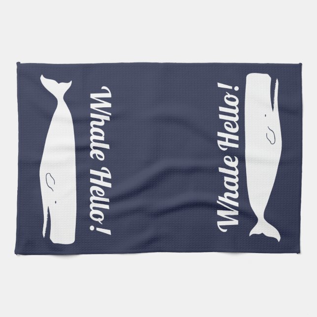 Nautical White Whale Hello in Navy Kitchen Towel (Horizontal)