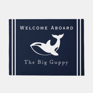 Nautical White Whale on a soft Navy Blue Coastal Doormat
