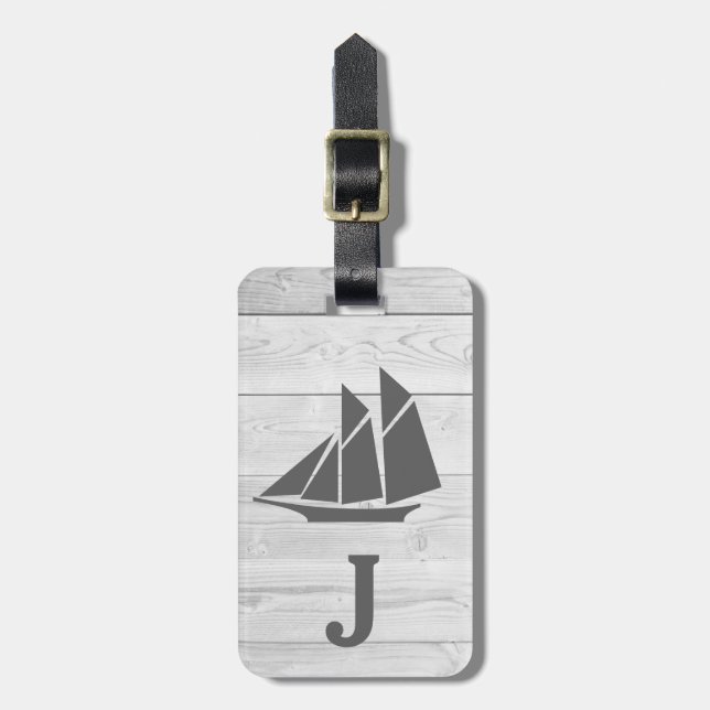 Nautical White Wood & Grey Sailboat Monogram Luggage Tag (Front Vertical)