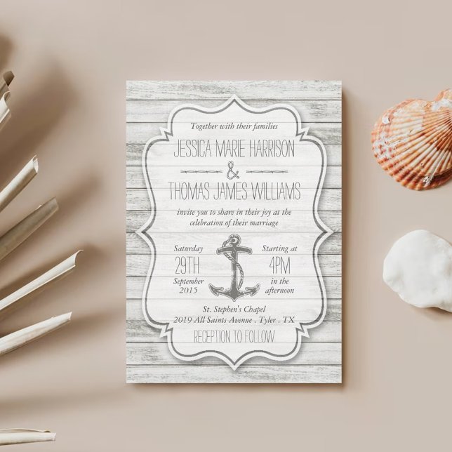Nautical Whitewashed Wood Beach Wedding Collection Invitation (Creator Uploaded)